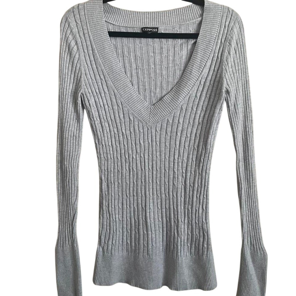 Y2K Express Cable Knit Long Sleeve‎ Sweater Long V Neck Academia Preppy Gray M